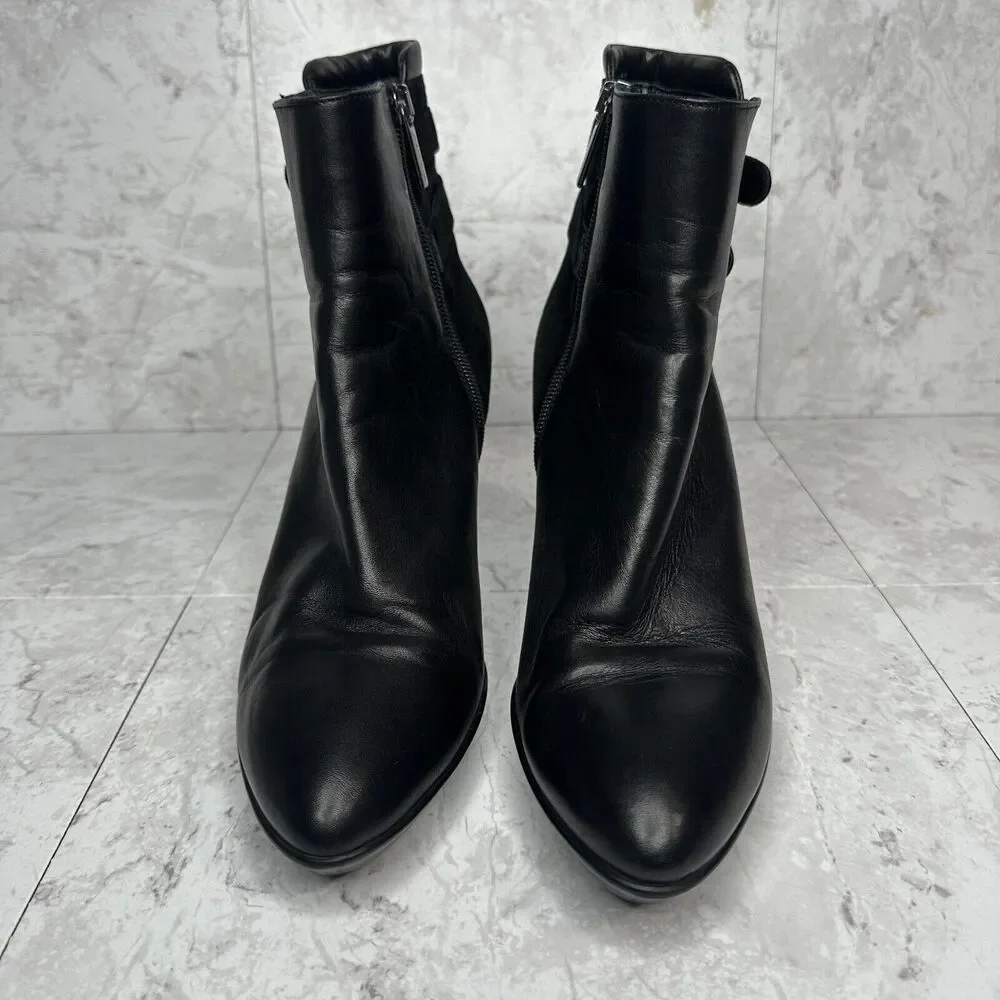 Aquatalia Italian Leather Ankle Boots Roma Black Double Buckle
